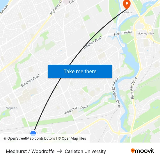 Medhurst / Woodroffe to Carleton University map
