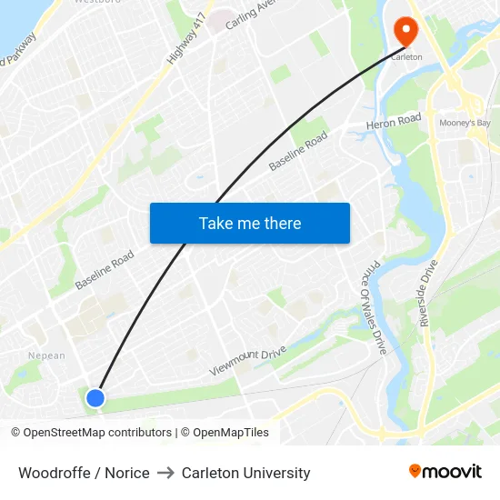 Woodroffe / Norice to Carleton University map