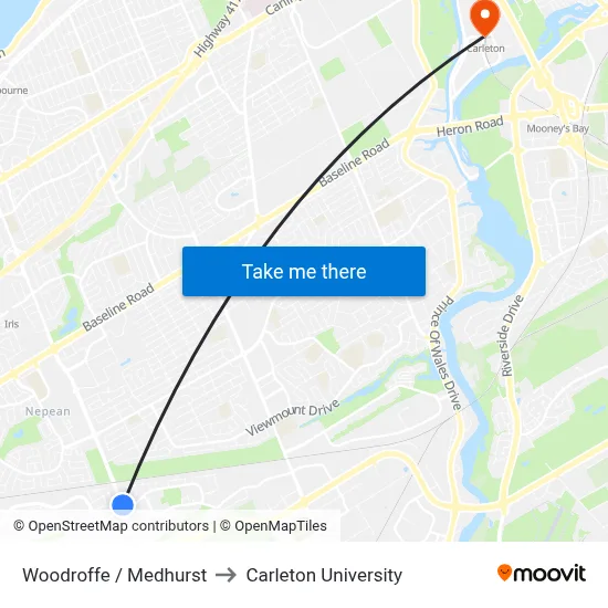 Woodroffe / Medhurst to Carleton University map