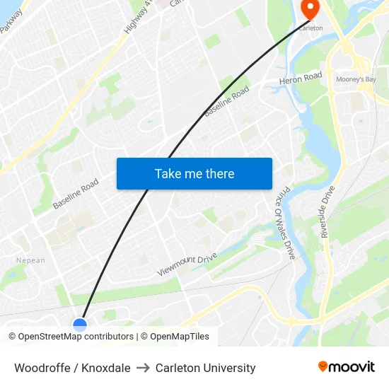 Woodroffe / Knoxdale to Carleton University map