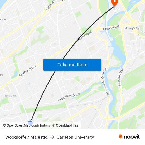 Woodroffe / Majestic to Carleton University map