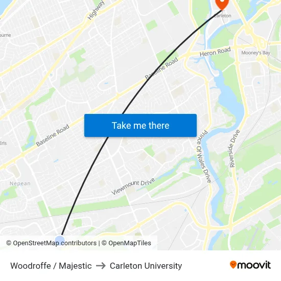 Woodroffe / Majestic to Carleton University map