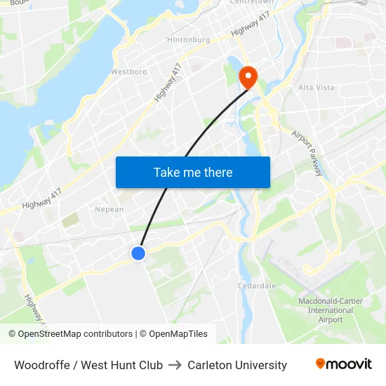 Woodroffe / West Hunt Club to Carleton University map