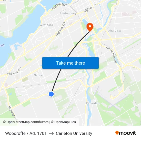 Woodroffe / Ad. 1701 to Carleton University map