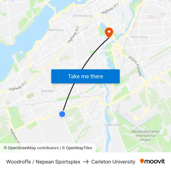 Woodroffe / Nepean Sportsplex to Carleton University map