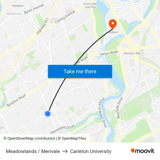 Meadowlands / Merivale to Carleton University map