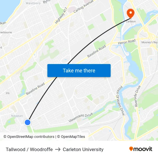 Tallwood / Woodroffe to Carleton University map