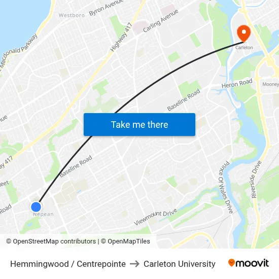 Hemmingwood / Centrepointe to Carleton University map