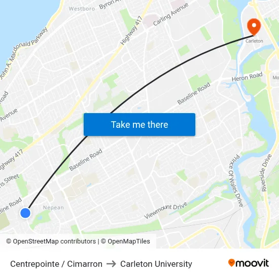 Centrepointe / Cimarron to Carleton University map