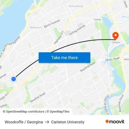 Woodroffe / Georgina to Carleton University map