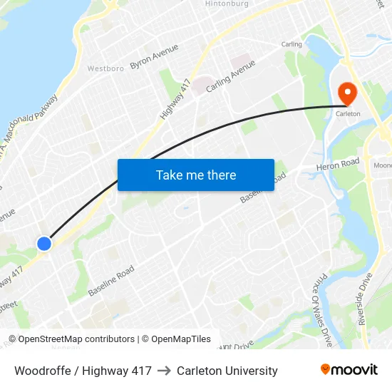 Woodroffe / Highway 417 to Carleton University map