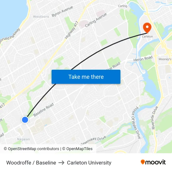 Woodroffe / Baseline to Carleton University map