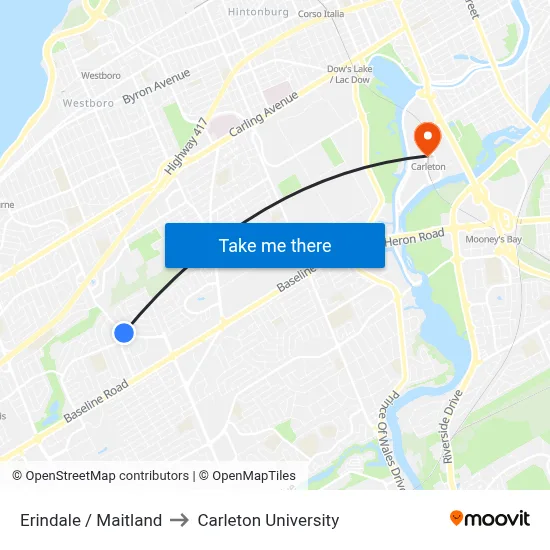 Erindale / Maitland to Carleton University map