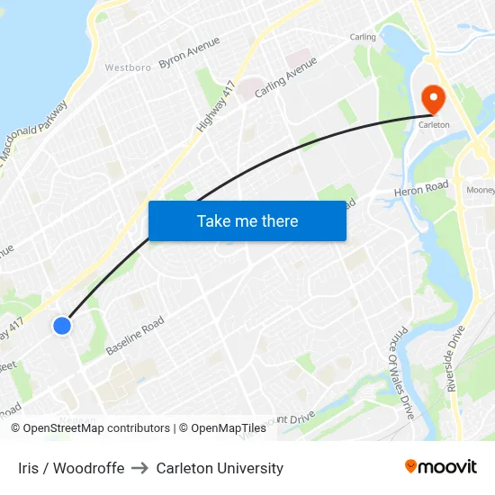 Iris / Woodroffe to Carleton University map