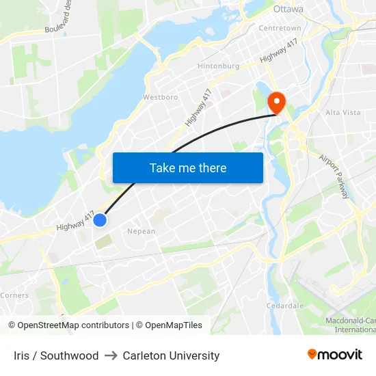 Iris / Southwood to Carleton University map