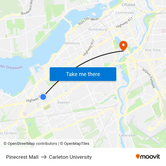 Pinecrest Mall to Carleton University map