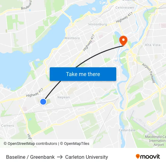 Baseline / Greenbank to Carleton University map