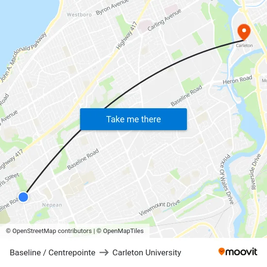 Baseline / Centrepointe to Carleton University map