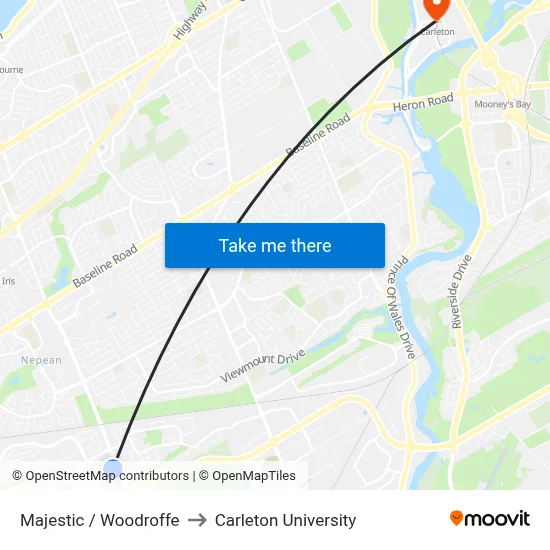 Majestic / Woodroffe to Carleton University map