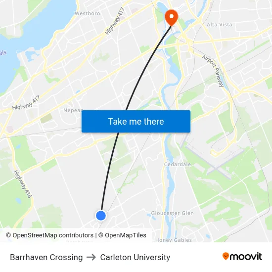 Barrhaven Crossing to Carleton University map