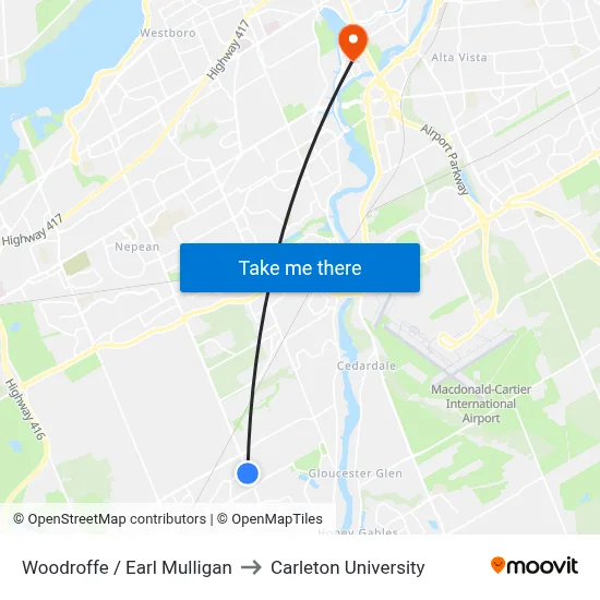 Woodroffe / Earl Mulligan to Carleton University map