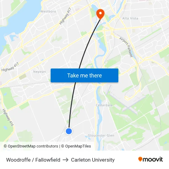 Woodroffe / Fallowfield to Carleton University map