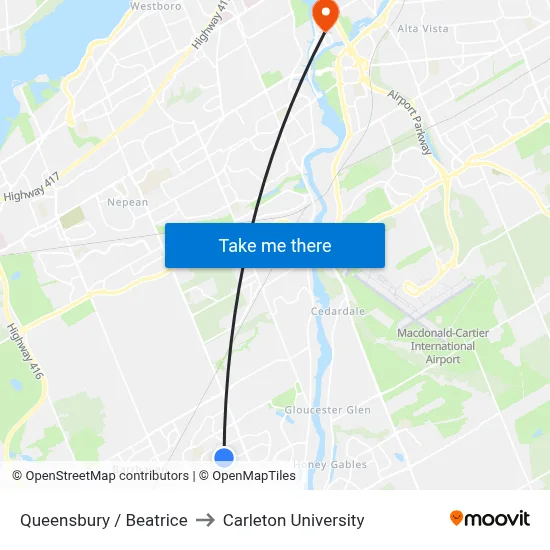 Queensbury / Beatrice to Carleton University map