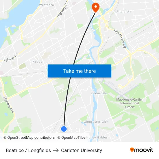 Beatrice / Longfields to Carleton University map