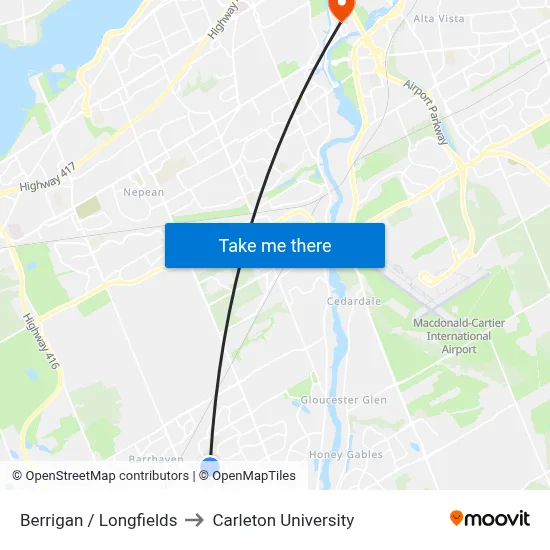 Berrigan / Longfields to Carleton University map