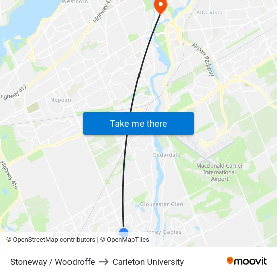 Stoneway / Woodroffe to Carleton University map