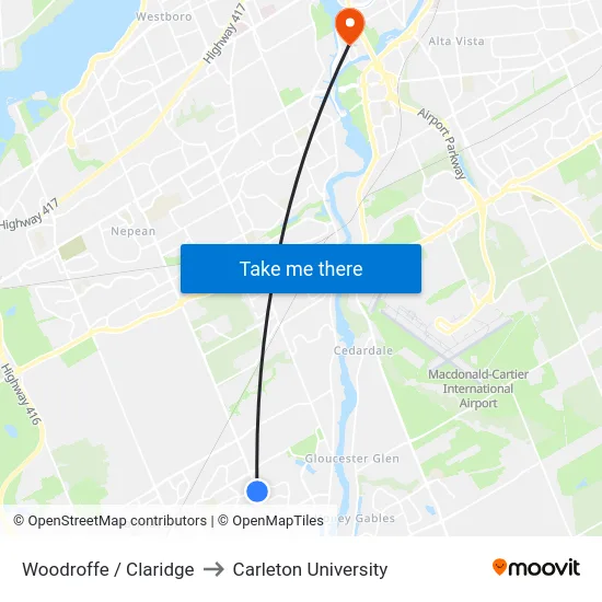 Woodroffe / Claridge to Carleton University map