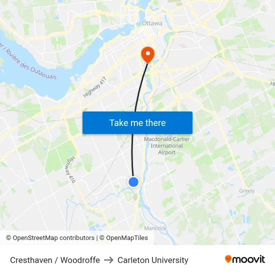 Cresthaven / Woodroffe to Carleton University map
