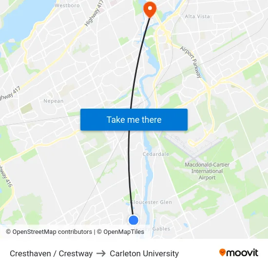 Cresthaven / Crestway to Carleton University map