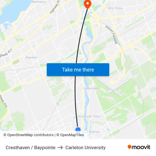 Cresthaven / Baypointe to Carleton University map