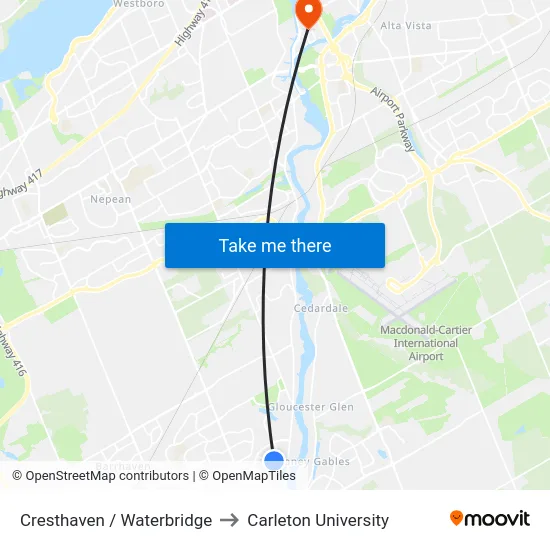 Cresthaven / Waterbridge to Carleton University map