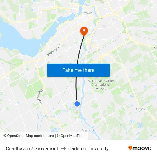 Cresthaven / Grovemont to Carleton University map