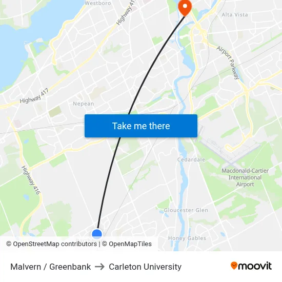 Malvern / Greenbank to Carleton University map