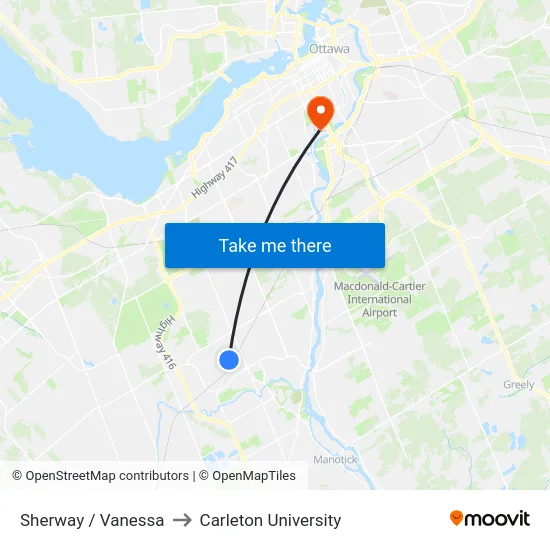 Sherway / Vanessa to Carleton University map