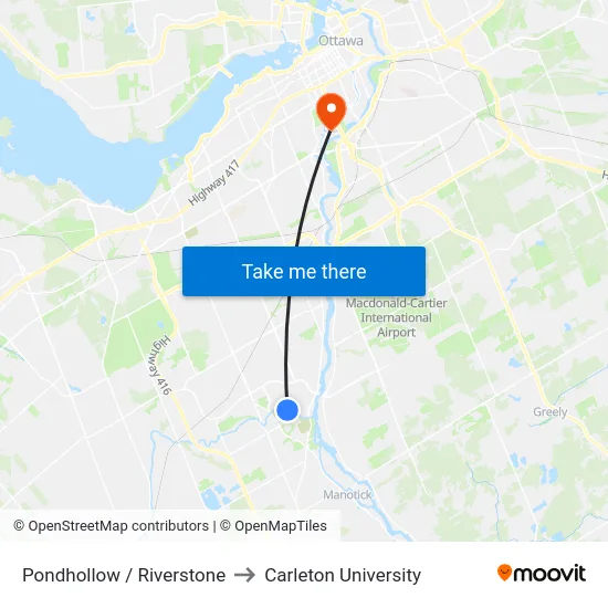 Pondhollow / Riverstone to Carleton University map