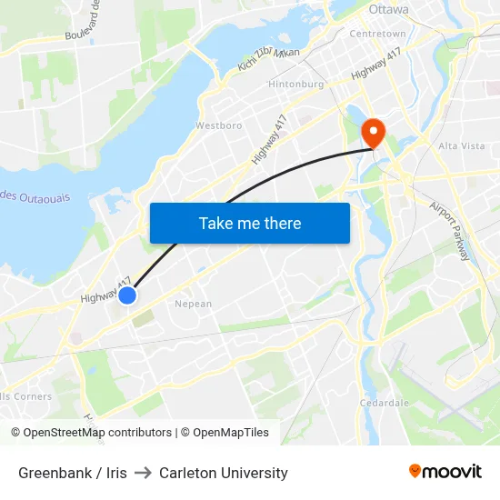 Greenbank / Iris to Carleton University map
