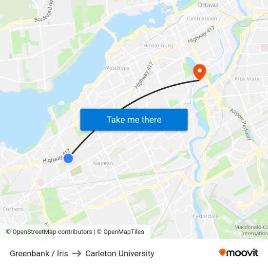 Greenbank / Iris to Carleton University map