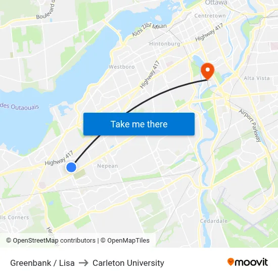 Greenbank / Lisa to Carleton University map