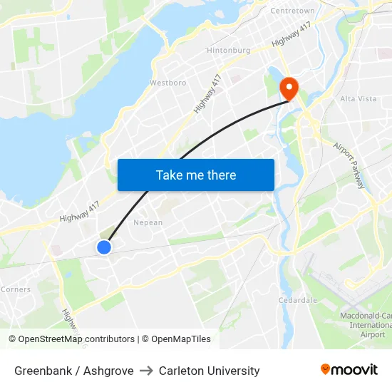 Greenbank / Ashgrove to Carleton University map