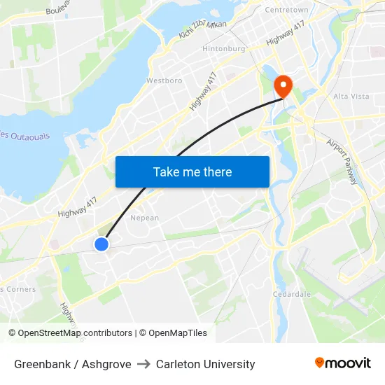 Greenbank / Ashgrove to Carleton University map