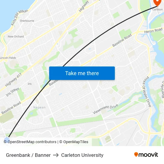 Greenbank / Banner to Carleton University map