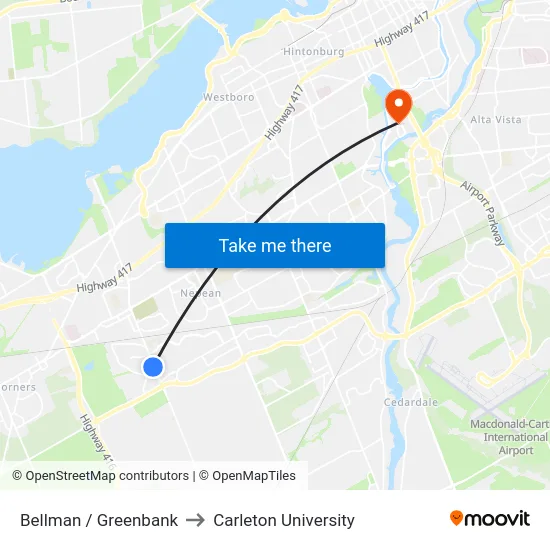 Bellman / Greenbank to Carleton University map