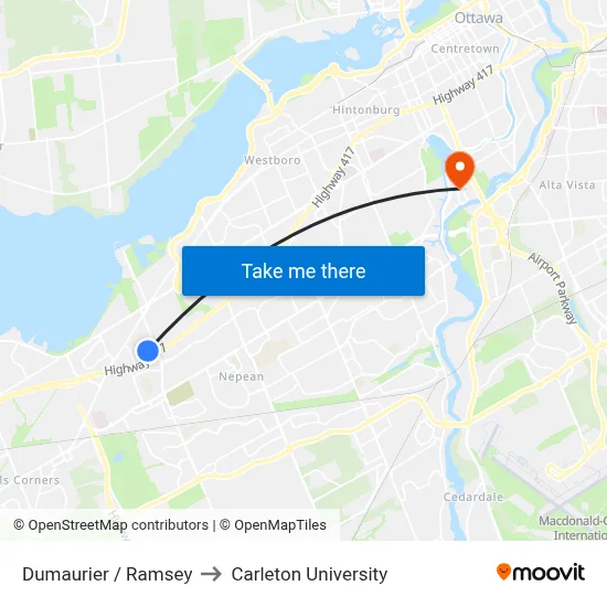 Dumaurier / Ramsey to Carleton University map