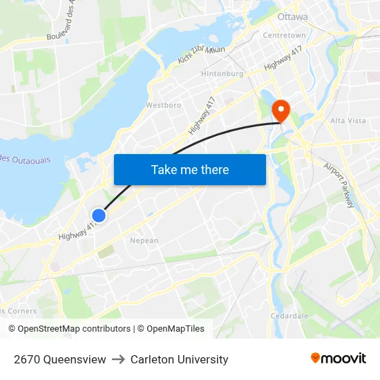 2670 Queensview to Carleton University map