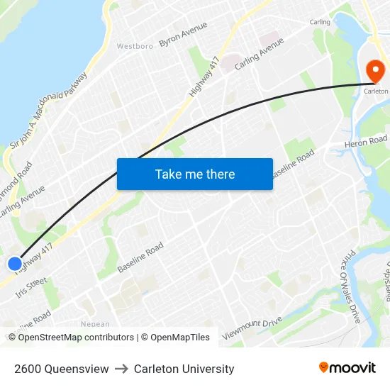 2600 Queensview to Carleton University map