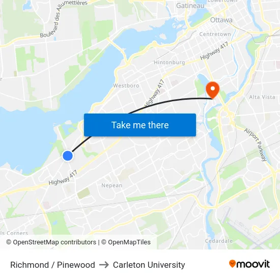 Richmond / Pinewood to Carleton University map